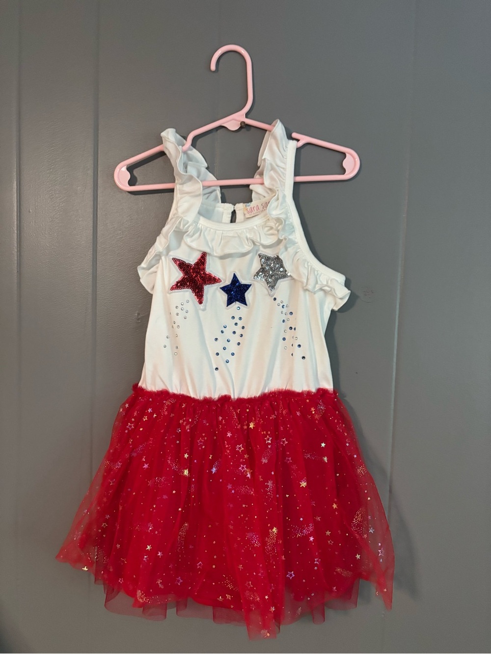 Sara Sara White Tank Dress with Red Glitter Tulle and Star Accents